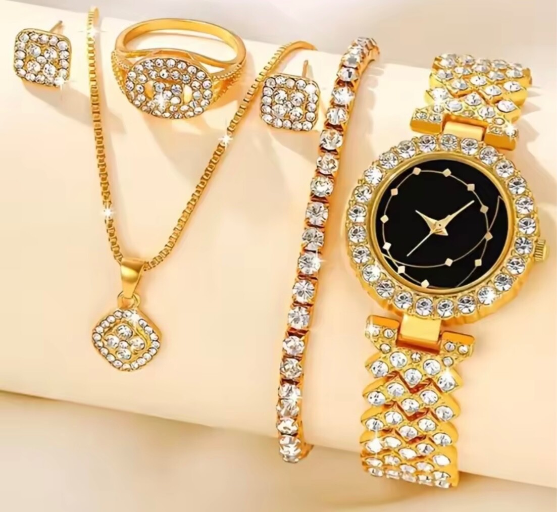 5-Piece Quartz Watch & Bracelet Set Crystal Accents Silver-Tone Gift for Women