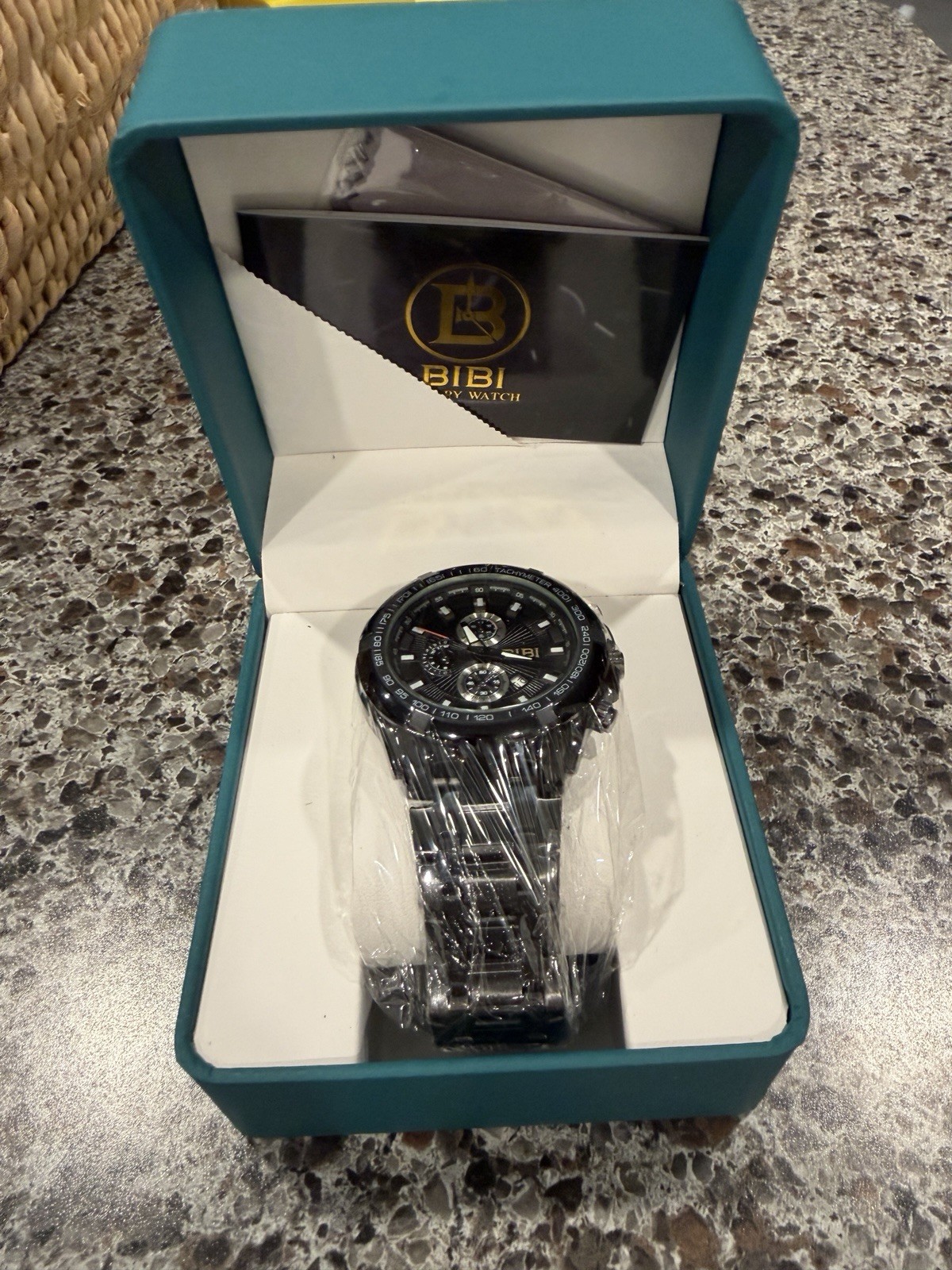 BIBI Men’s Chronograph Watch Black Dial Tachymeter Metal Bracelet w/ Box