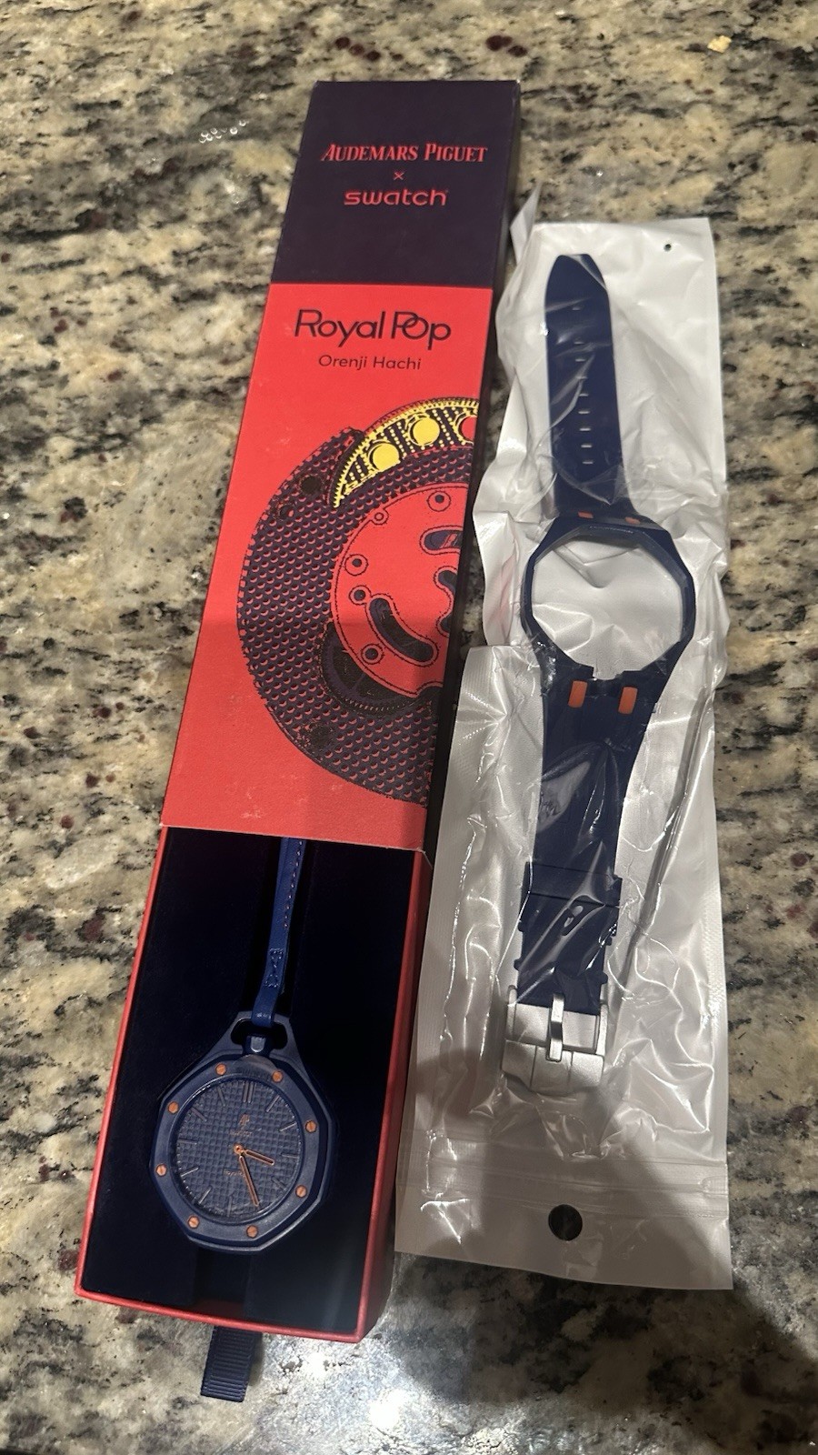 Swatch Royal Pop Orenji Hachi Quartz Octagon Analog Watch Blue Rubber Strap Box