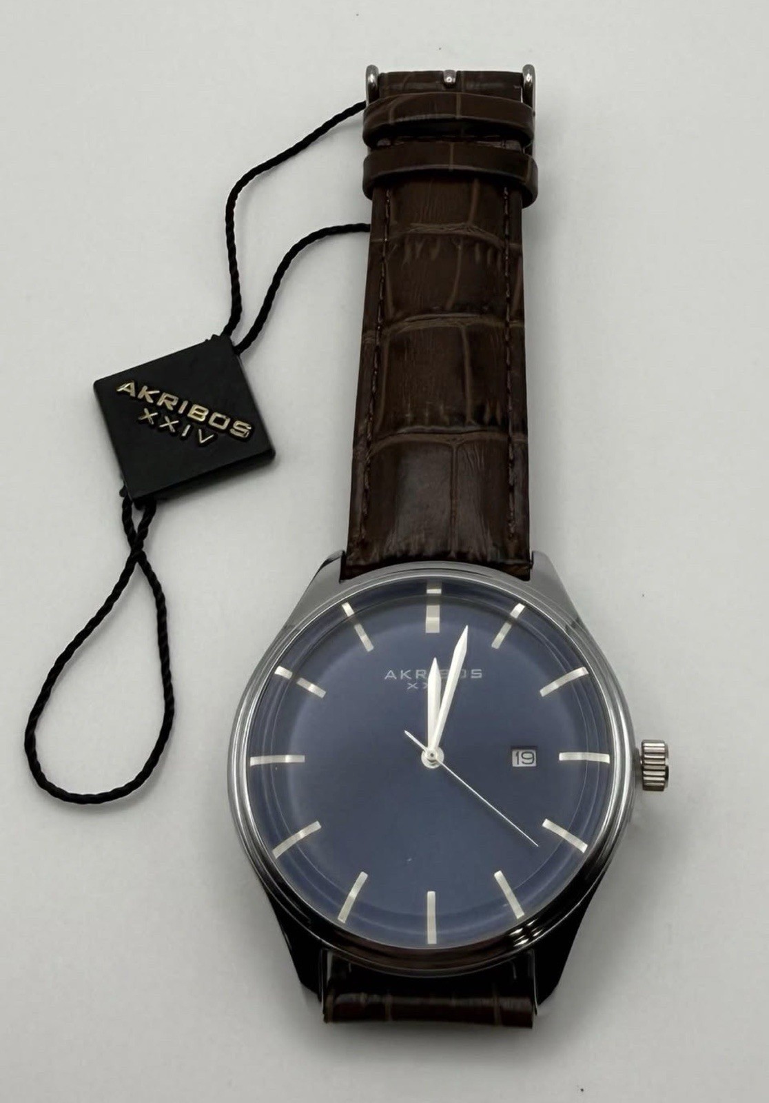 Akribos XXIV Men’s Quartz Dress Watch Blue Dial Date Brown Leather Strap 40mm