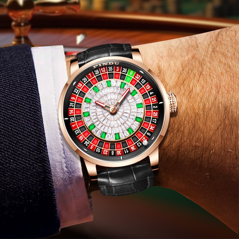 PINDU Men’s Mechanical Watch Rose Gold Case Black Leather Strap 3ATM waterproof