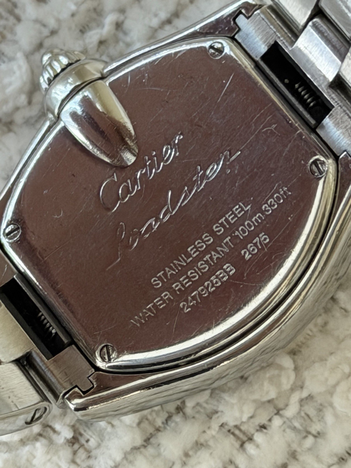 Cartier Roadster 30mm Pink Dial Quartz Date SS Bracelet 100m Women’s