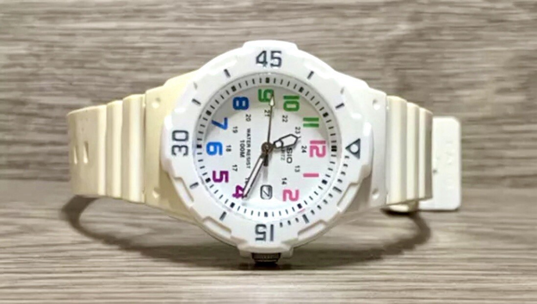 Women’s Casio Analog Watch Multicolor Numbers, Date, White Band, LRW200H-7BV