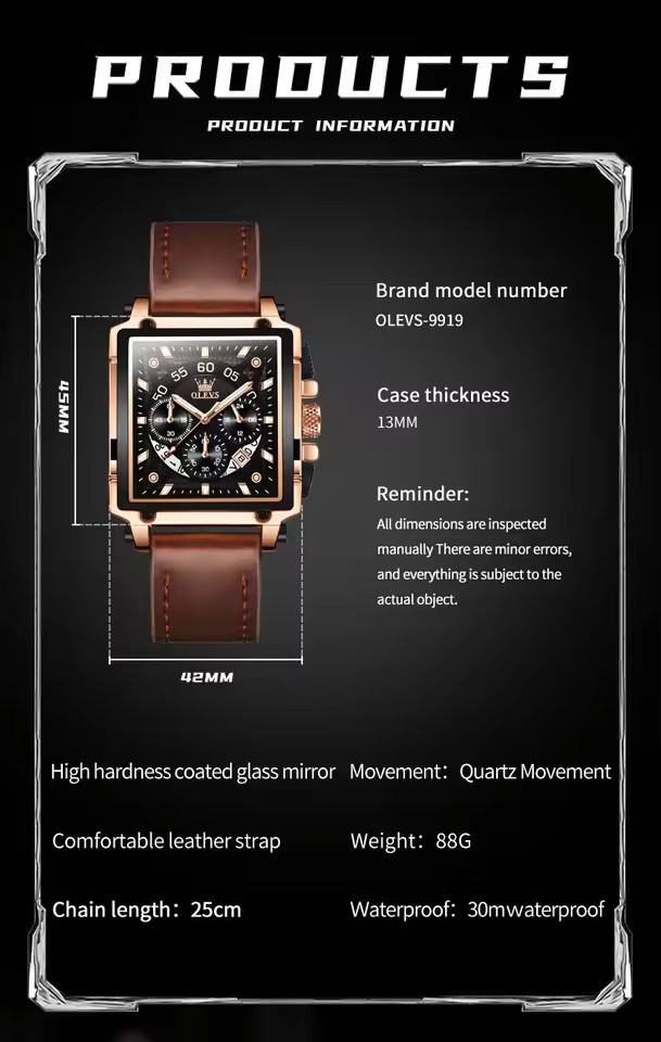 OLEVS 9919 Square Quartz Wristwatch  Waterproof Luminous Sports Men’s Watch