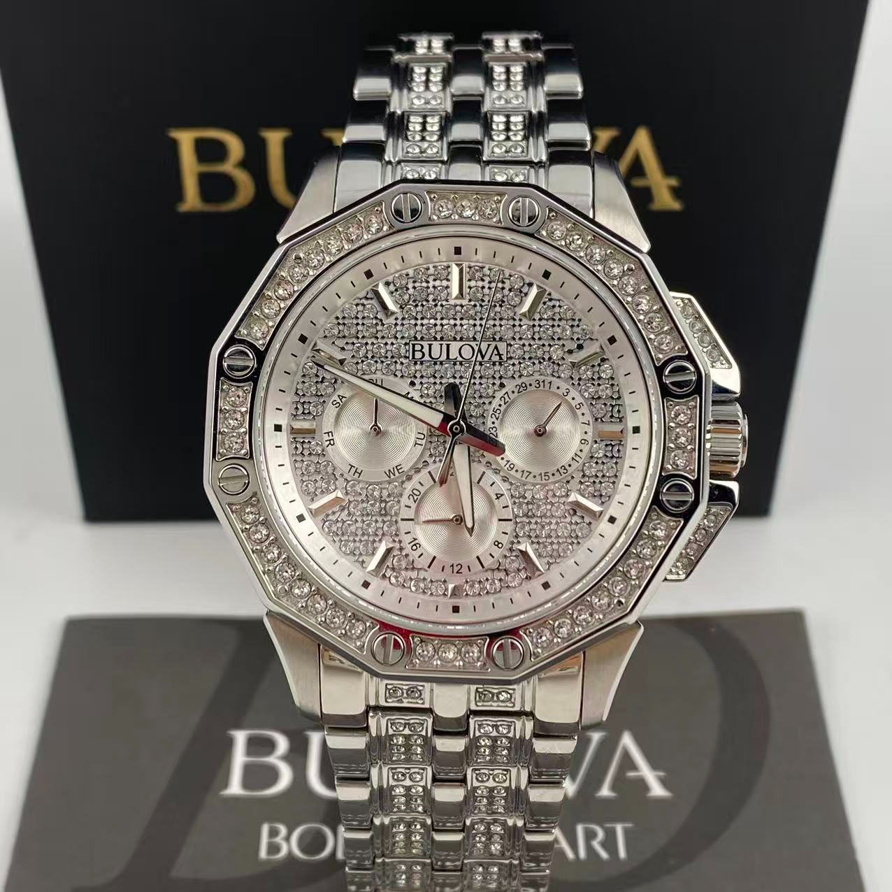 New Bulova Octava Crystal Men’s Quartz Watch White Dial Stainless Steel 96C134