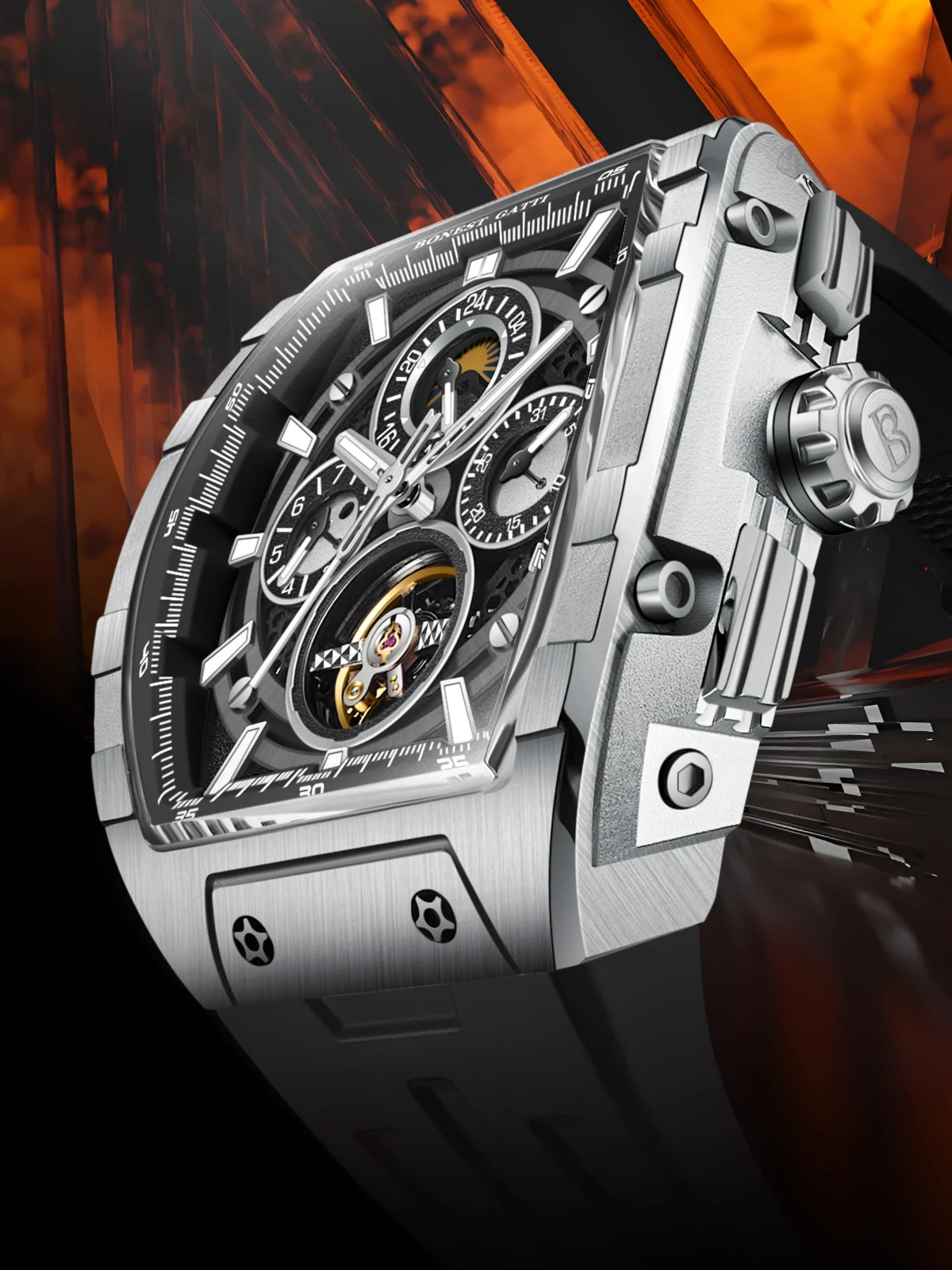 Bonest Gatti Luxury Tonneau Multi-Function Automatic Mechanical Watch – Silver