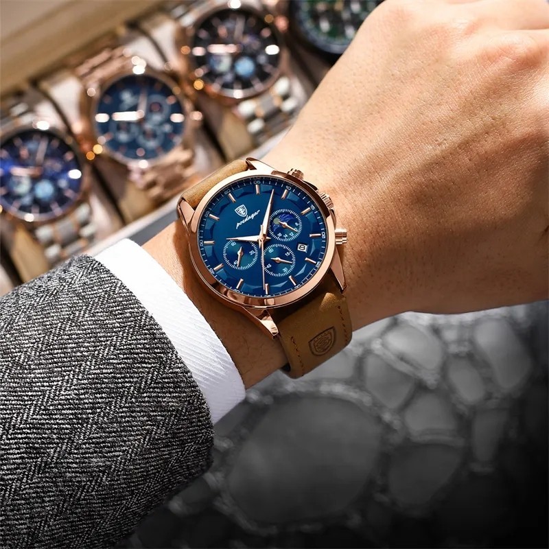 Luxury Chronograph Men’s Watch Leather Strap Quartz Waterproof Business Wristwat