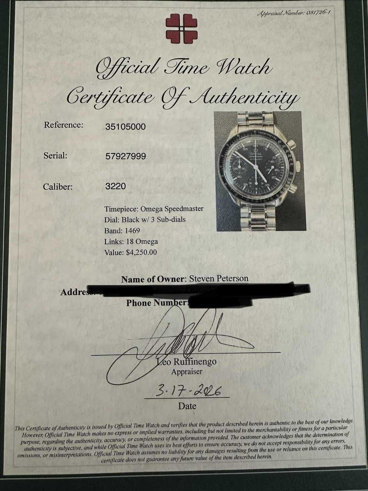 OMEGA Speedmaster Auto Chronograph Black Dial Tachymeter 39mm Steel Papers