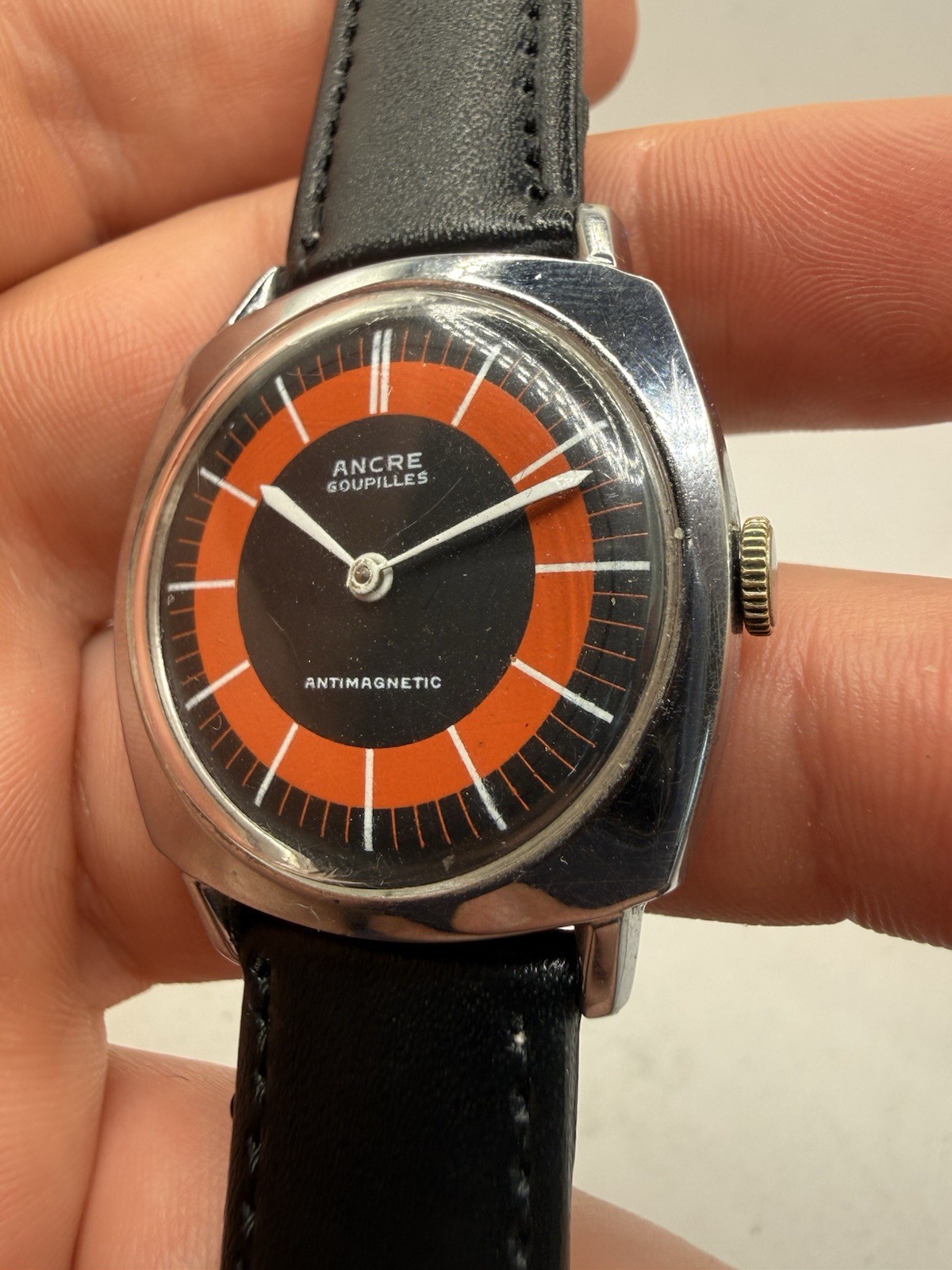 VINTAGE Ancre Goupilles Antimagnetic Orange Black Dial Cushion Mens Watch RUNS