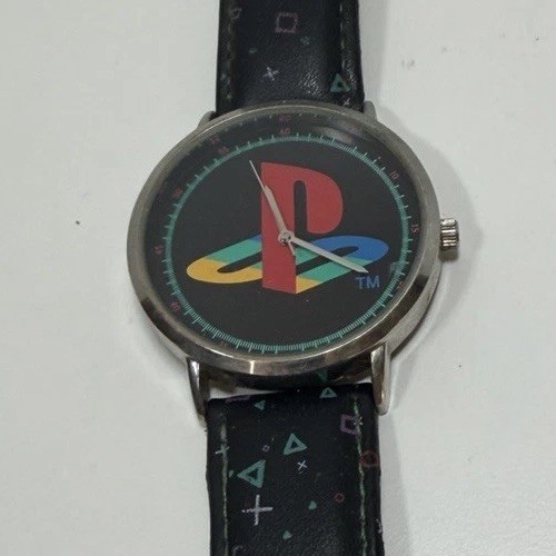 SONY PLAYSTATION LOGO QUARTZ WATCH WITH BLACK FAUX LEATHER STRAP NEEDS BATTERY
