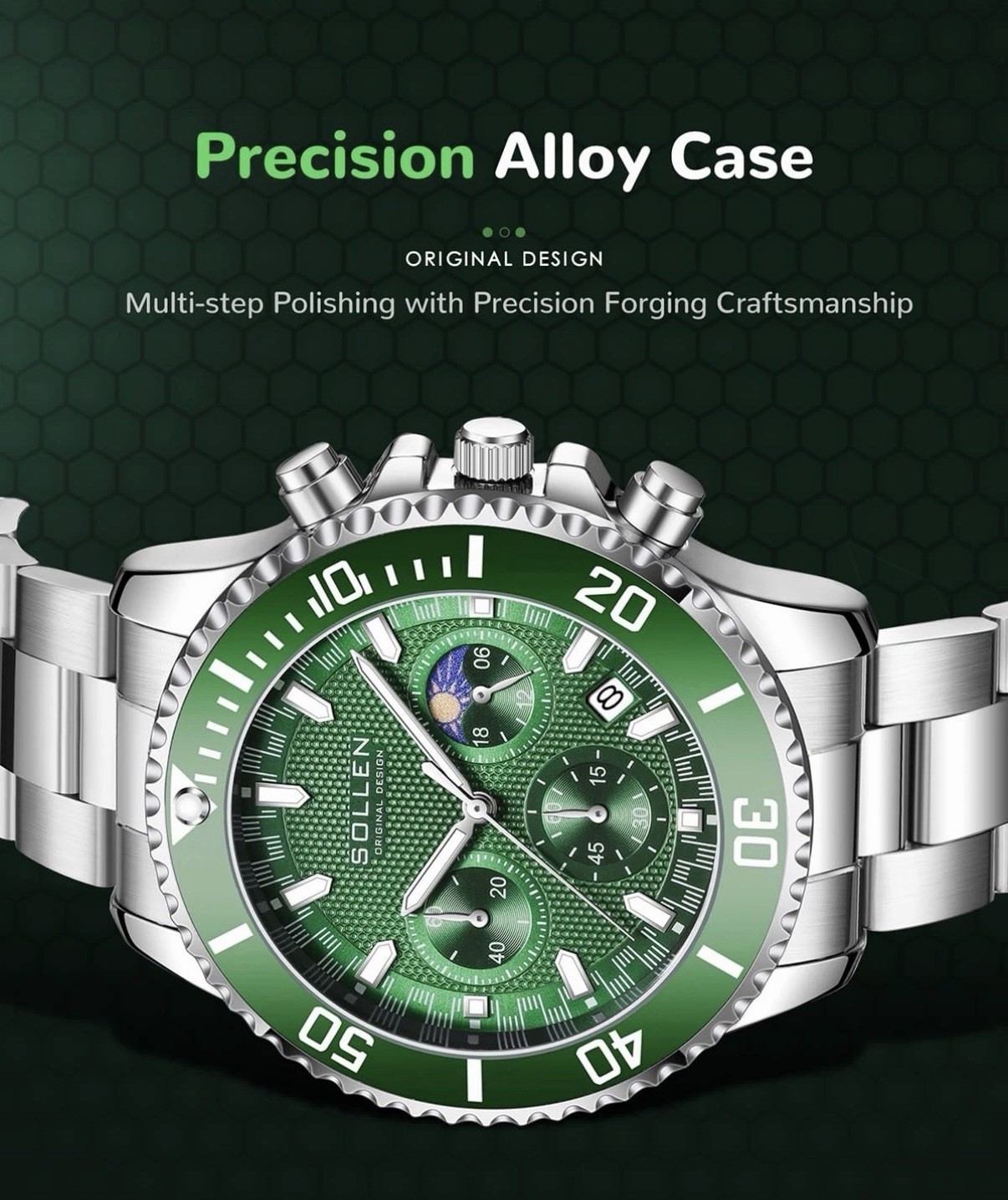 Men’s Sollen Green Chronograph Watch! Analog Quartz, Formal, Classic & SLEEK!!