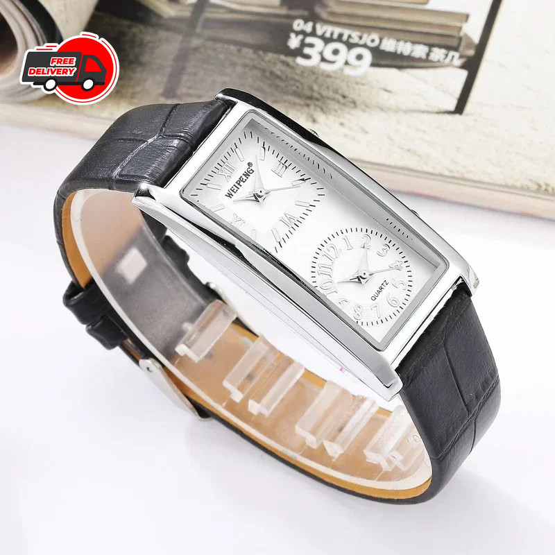 Dual Time Zone Men’s Women’s Quartz Rectangle Wrist Watch Black PU Leather Band