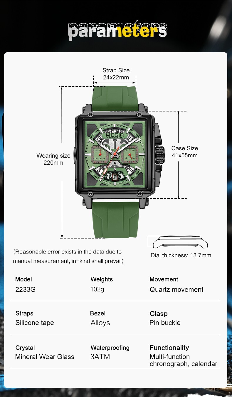 MEGIR Monaco Chronograph Calibre Homage Luminous Auto Date Square Men’s Watch