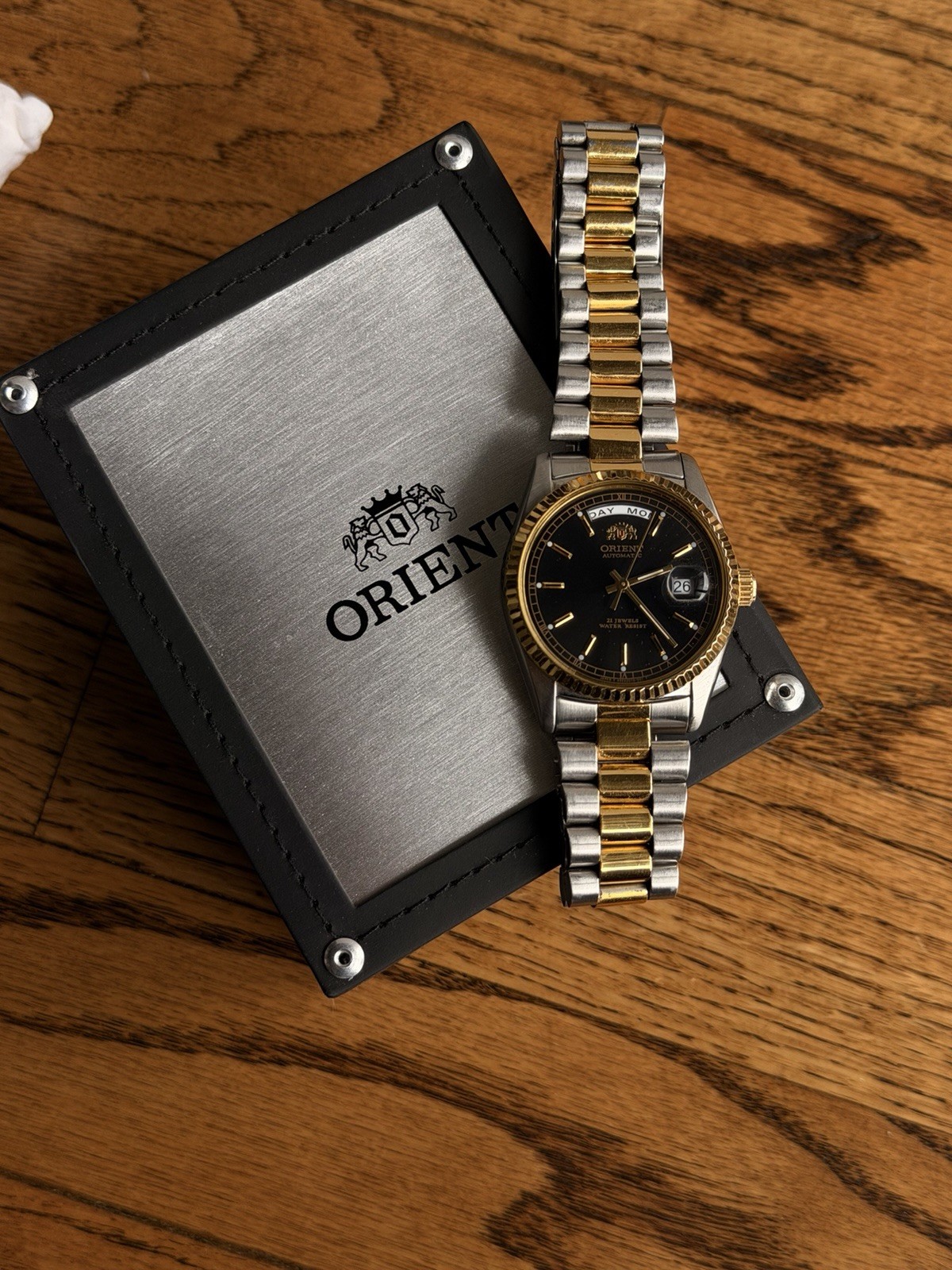 Orient President Automatic Day-Date Two-Tone 36mm Black Dial Box Papers