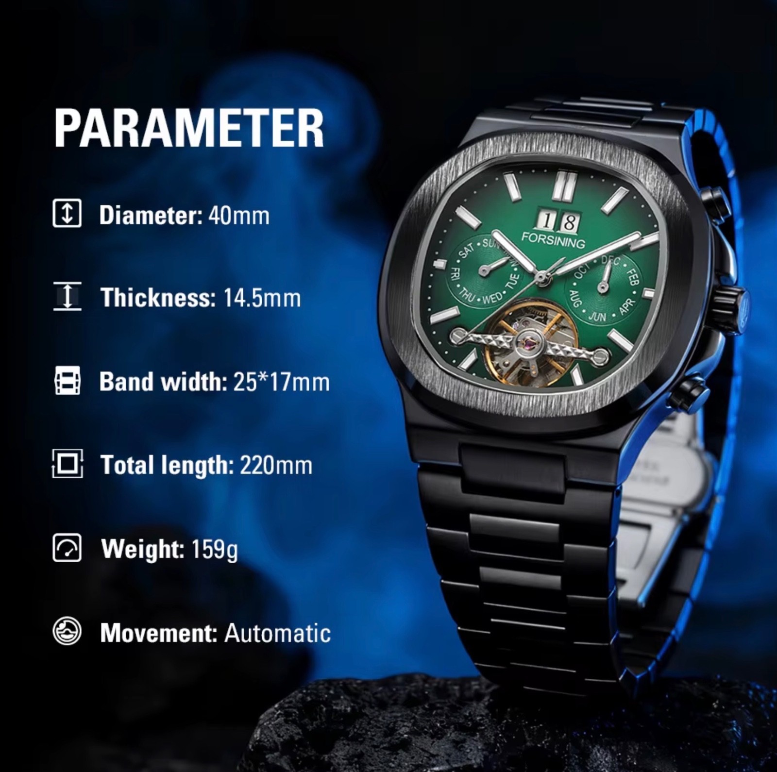 FORSINING Brand Tourbillon Men’s Automatic Mechanical Stainless Steel Band Watch