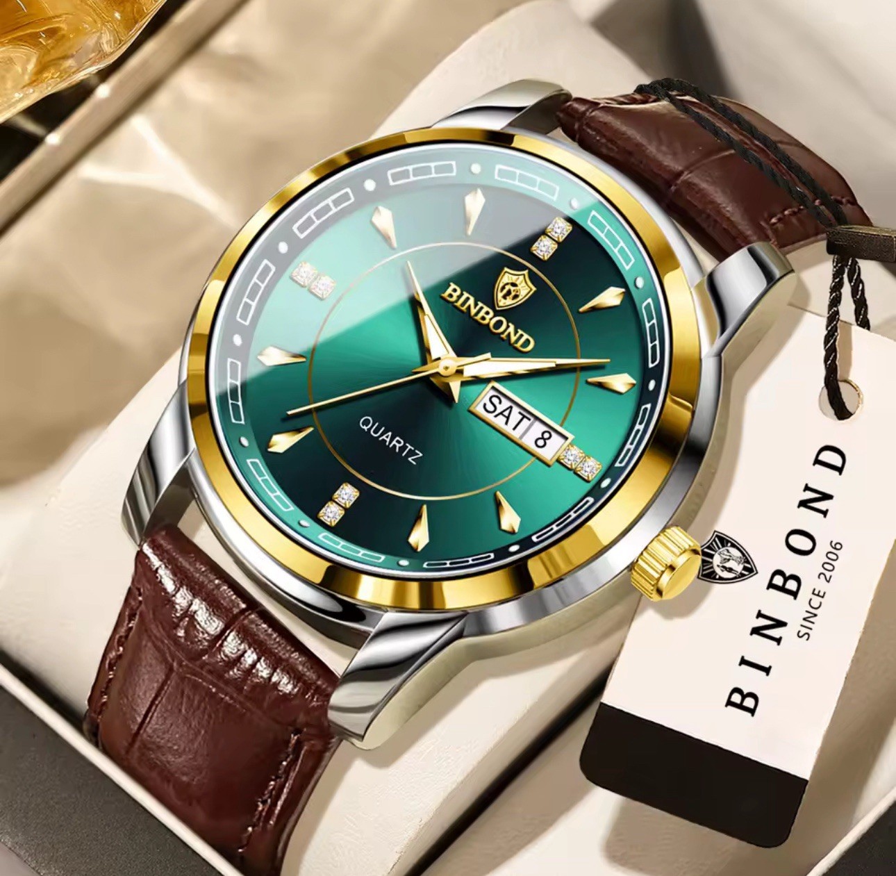 Men’s Leather Quartz Watch Waterproof Luminous Date Week Business Original
