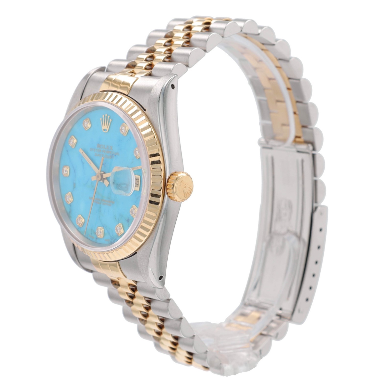 Rolex Datejust 16233 Two-Tone 18KY & Steel Diamond Turquoise Stone Dial Watch