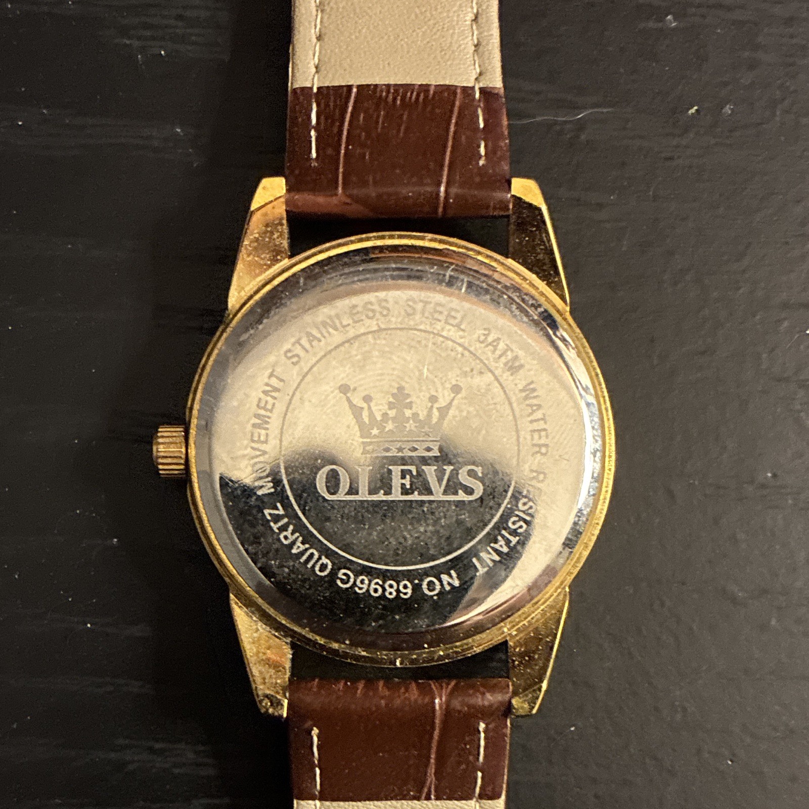 OLEVS Men’s Quartz Day/Date Blue Roman Dial Gold SS Watch Brown Leather Strap