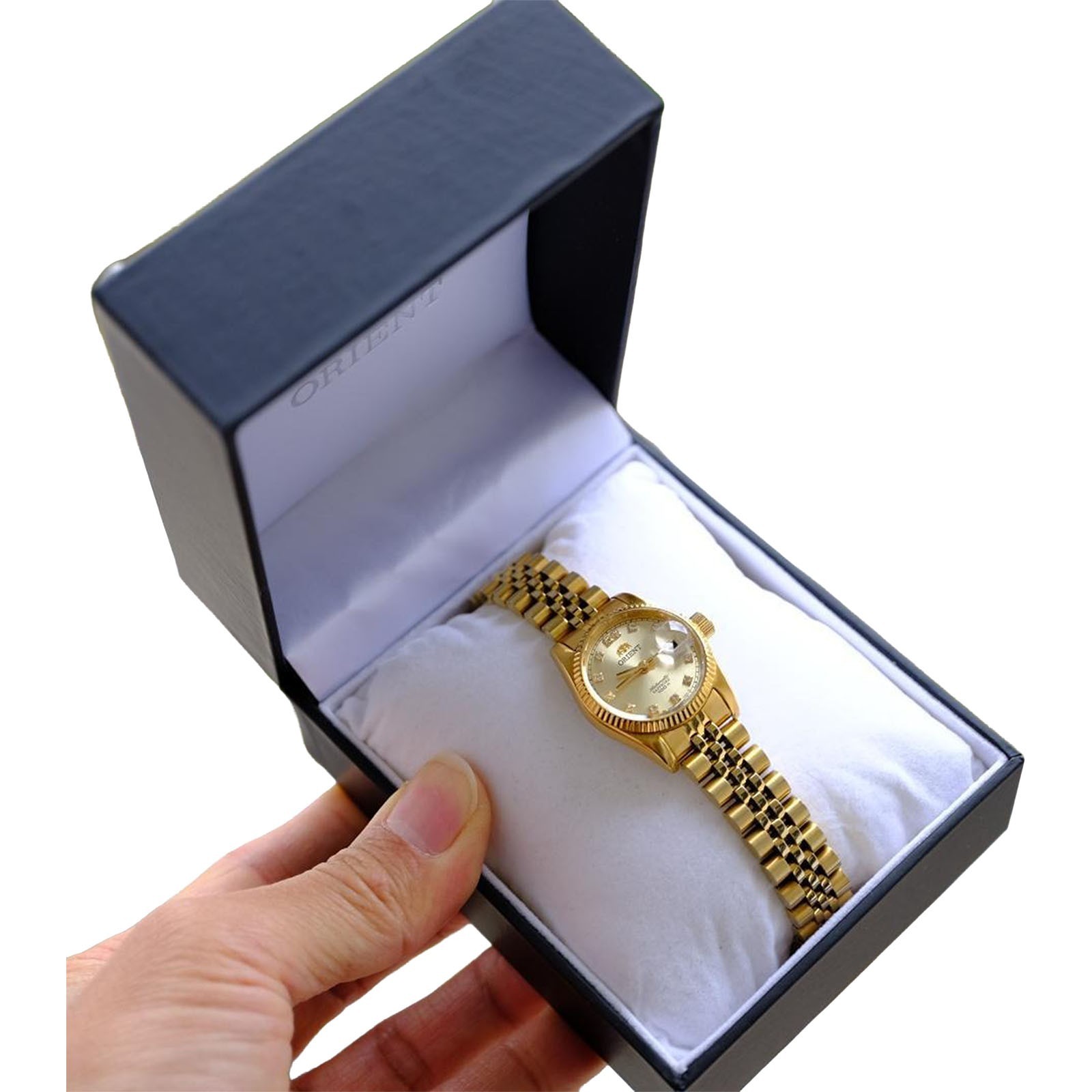 ORIENT President Automatic Ladies Gold Tone Sapphire Watch NR16 Day Date Auth JP
