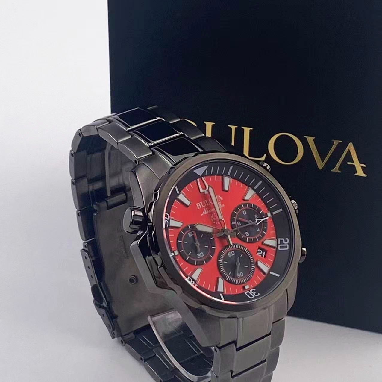 Bulova Marine Star 98B350 Men’s Chronograph Quartz Watch Red Dial Stainless 43mm