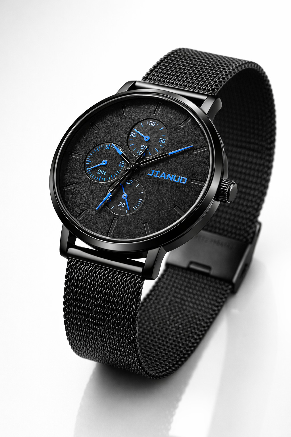 Men’s Black Stainless Steel Mesh Watch Blue Dial Minimalist Luxury Quartz Watch