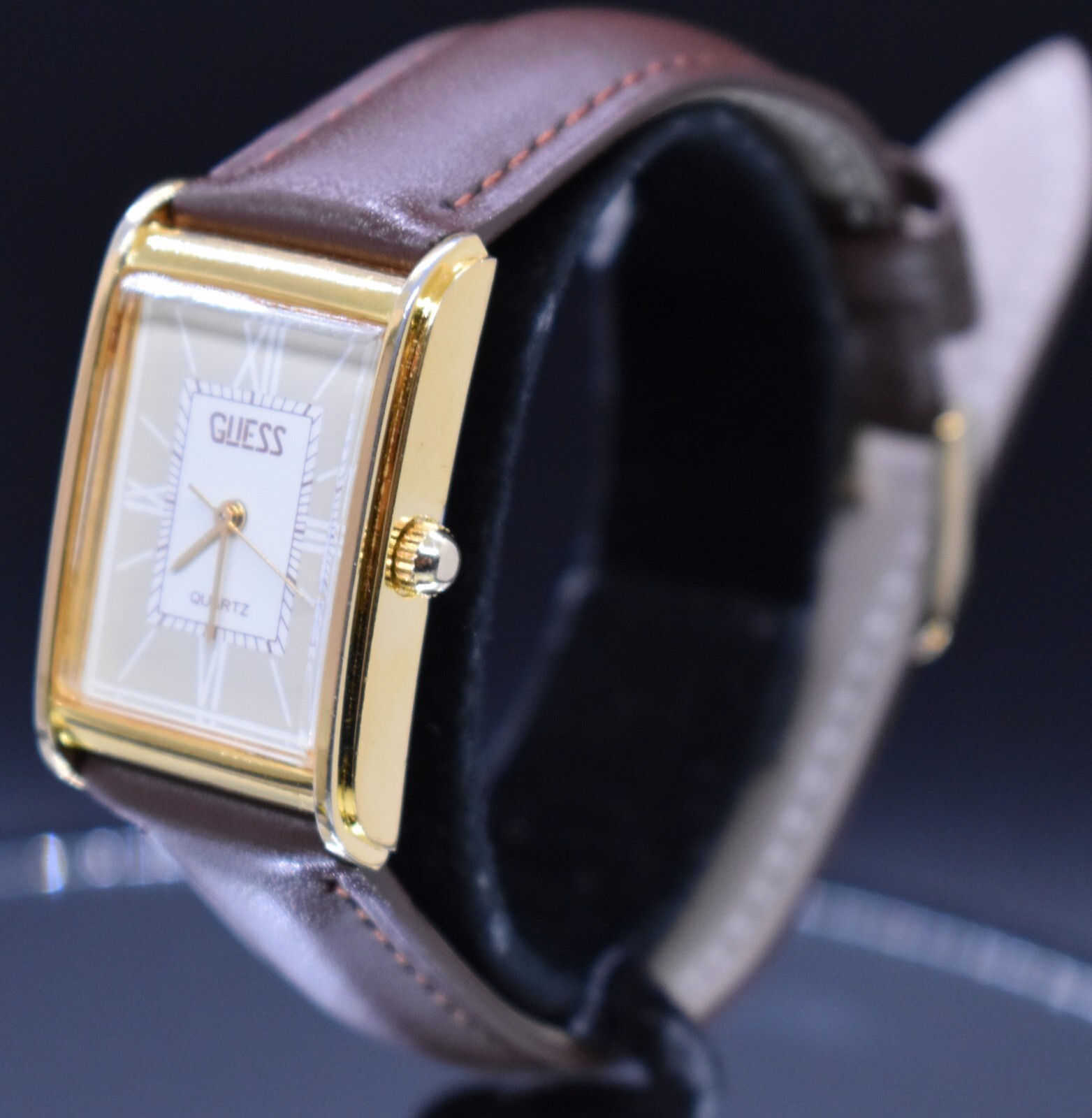 Vtg GUESS 1987 Tank Roman Numeral Watch Men Leather 80’s NEW BATTERY & BAND