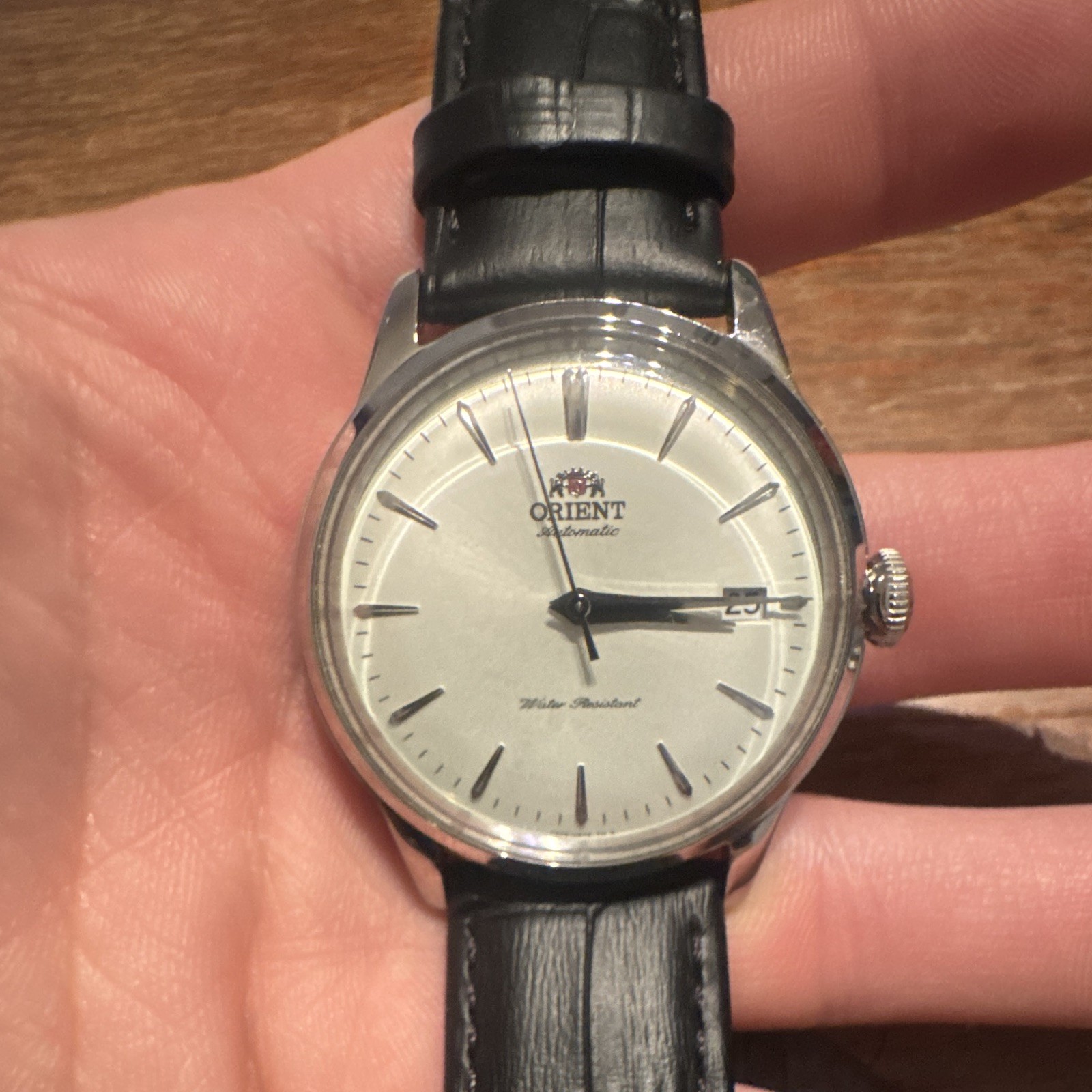 Orient Bambino 38mm White Dial Black Leather Strap Watch for Men (RA-AC0M03S10B)