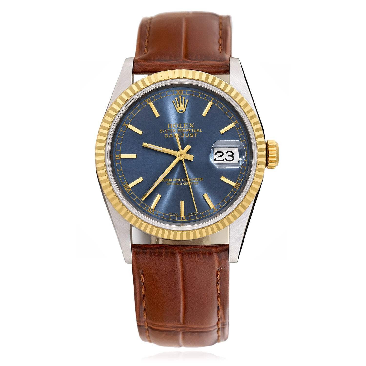 36mm Rolex Datejust 16233 18K Gold Fluted Bezel Steel Blue Dial Men’s Watch