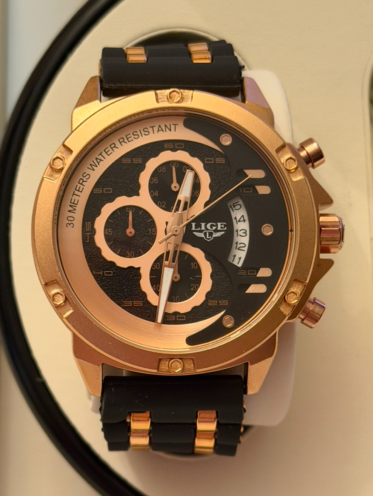 LIGE 1853 Dream Rose Gold Tone Chronograph Mens Quartz Watch w/ Box & Papers!
