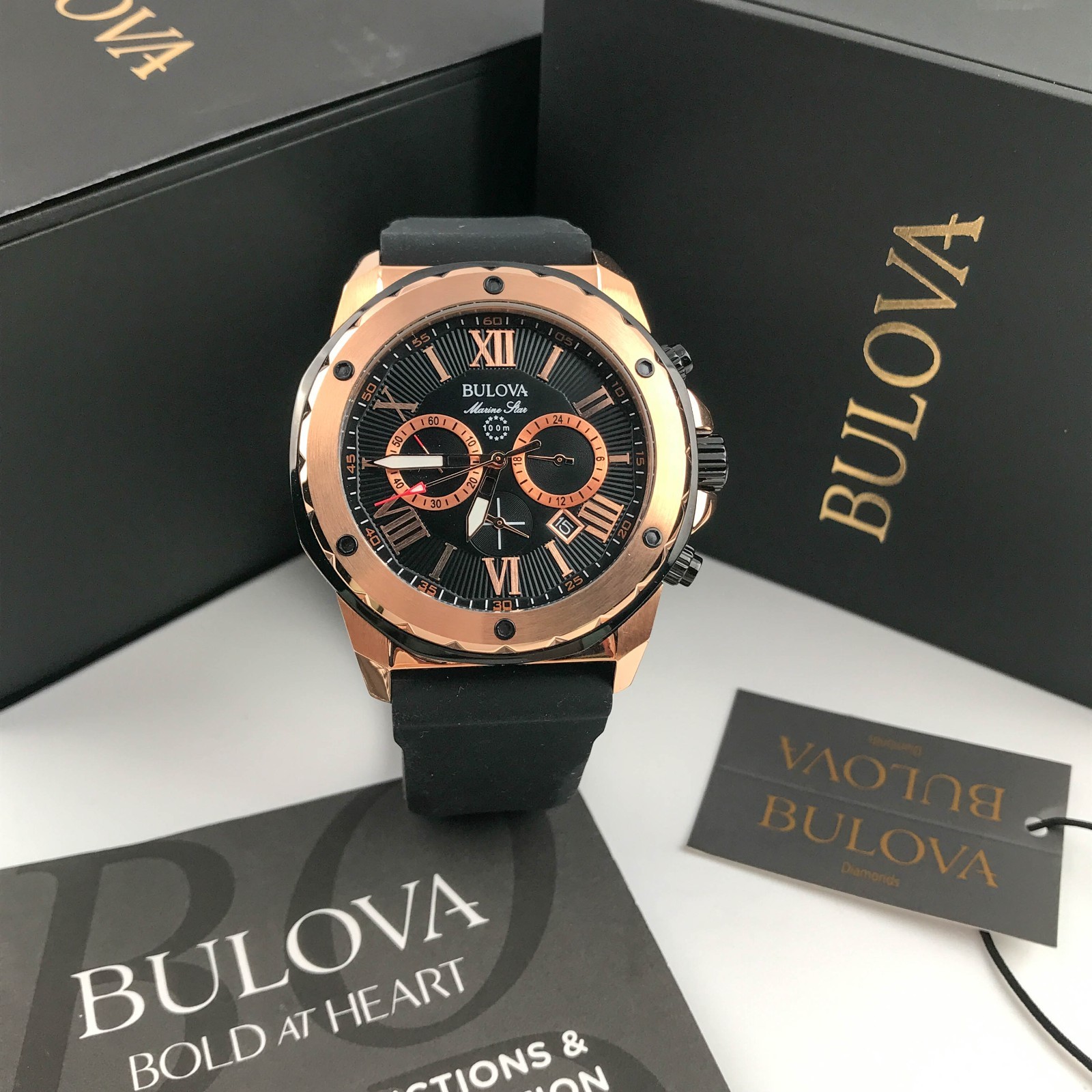 Bulova Marine Star 98B104 Black Dial Silicone Strap Chronograph Men’s Watch 44mm