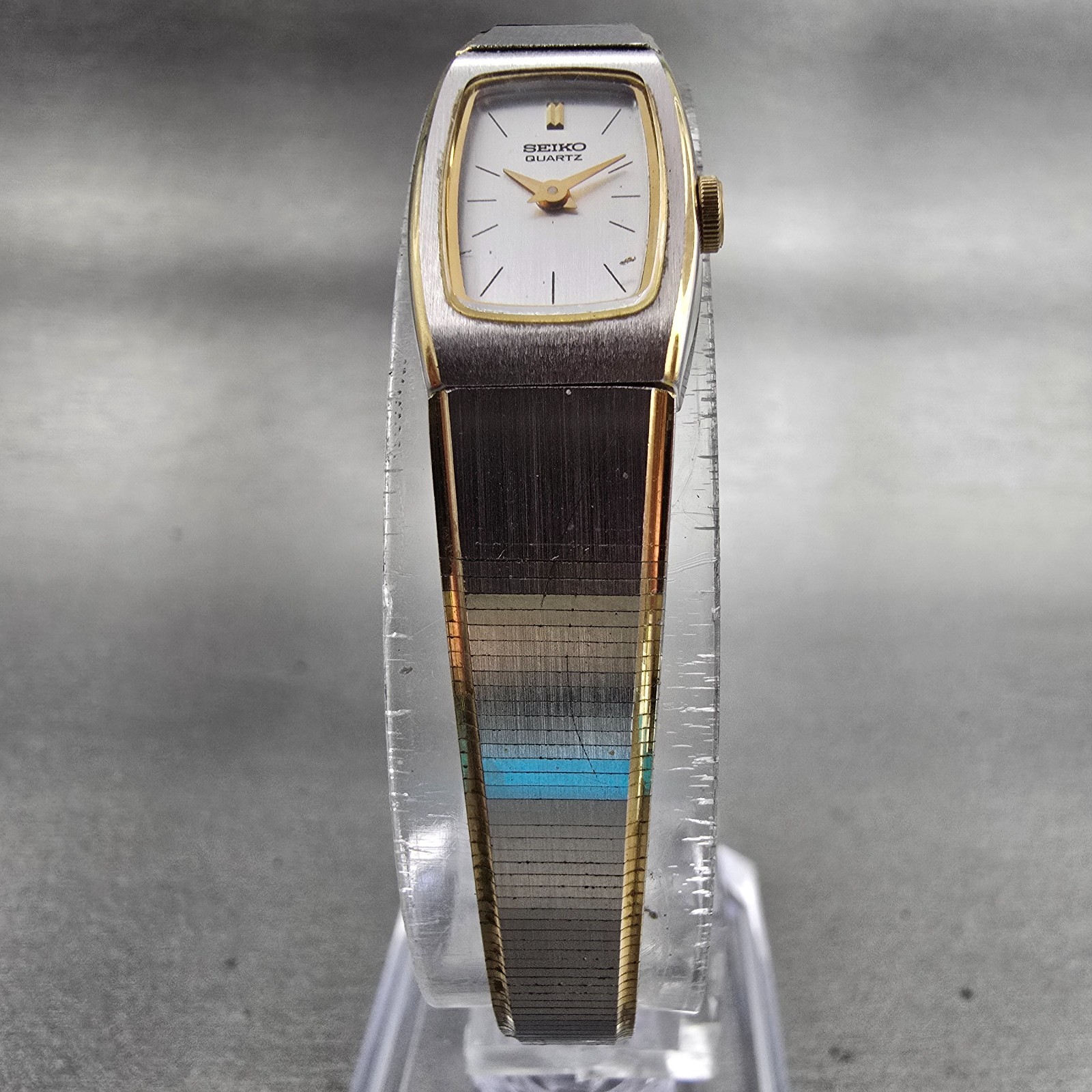 Seiko Watch Women 13mm Silver Dial Two Tone Rectangle 2E20-5139 New Battery VTG