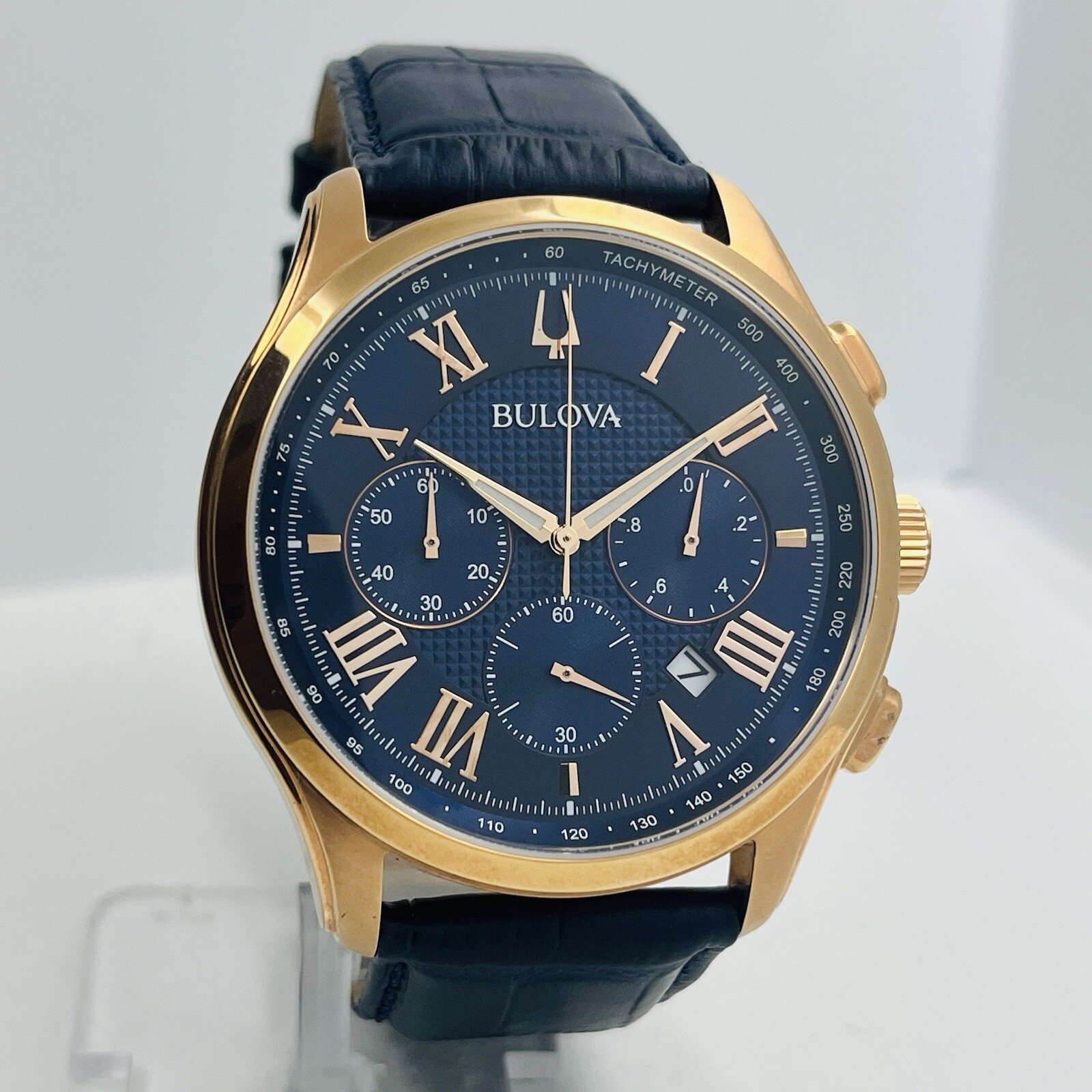 Bulova Wilton Men’s Chronograph Rose Gold Steel 47mm Leather Watch 97B170