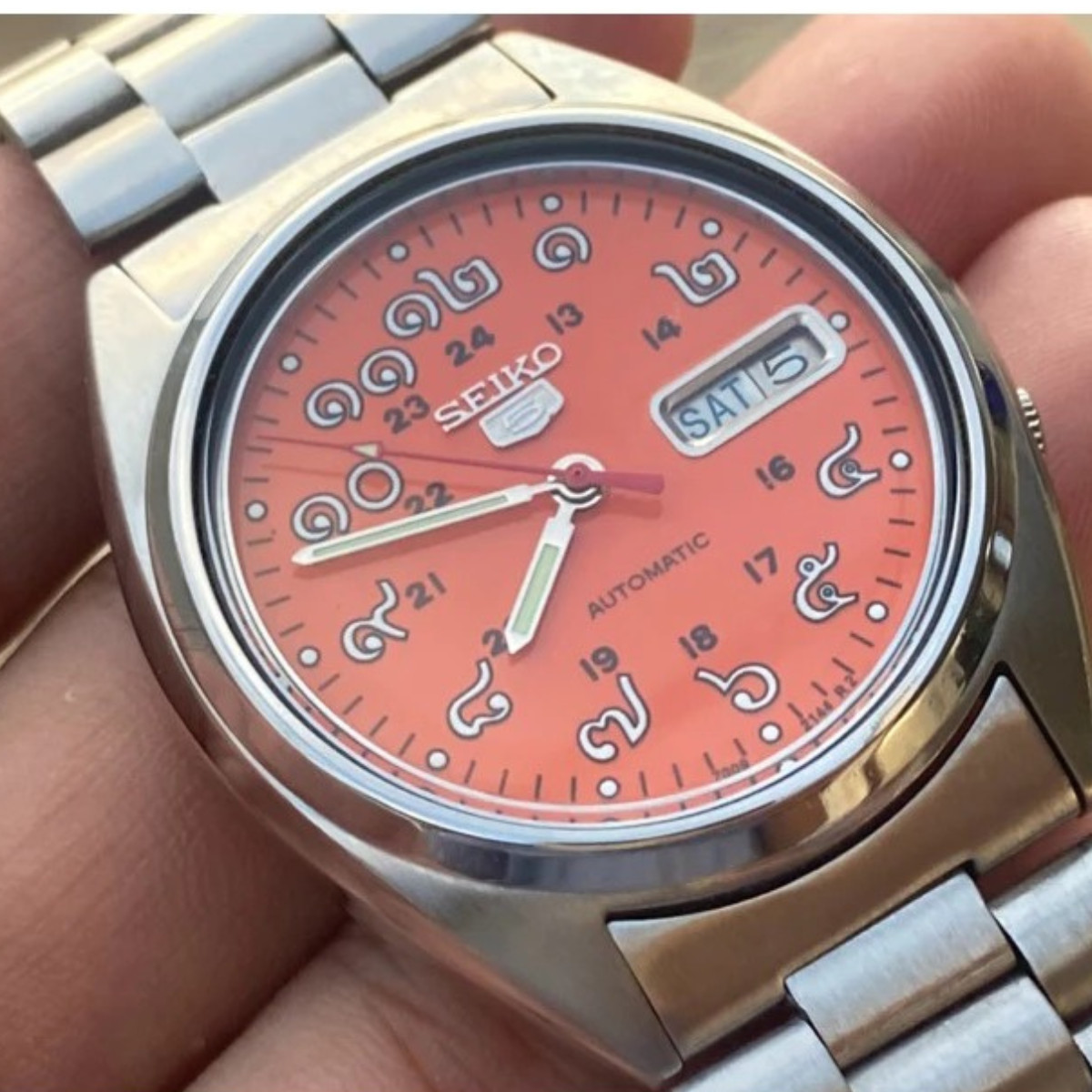 Seiko 5 7009 Automatic Watch Vintage Dial Thai Numbers Orange Face Stainless