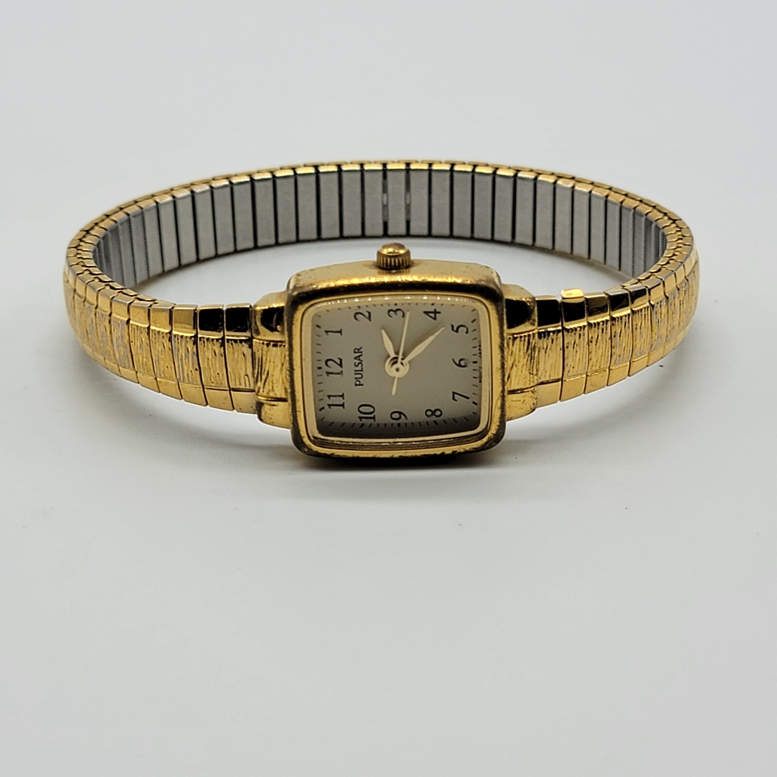 Pulsar Women Watch 17mm Rectangle Dial Gold Tone Classy Stretch Band 6.5″