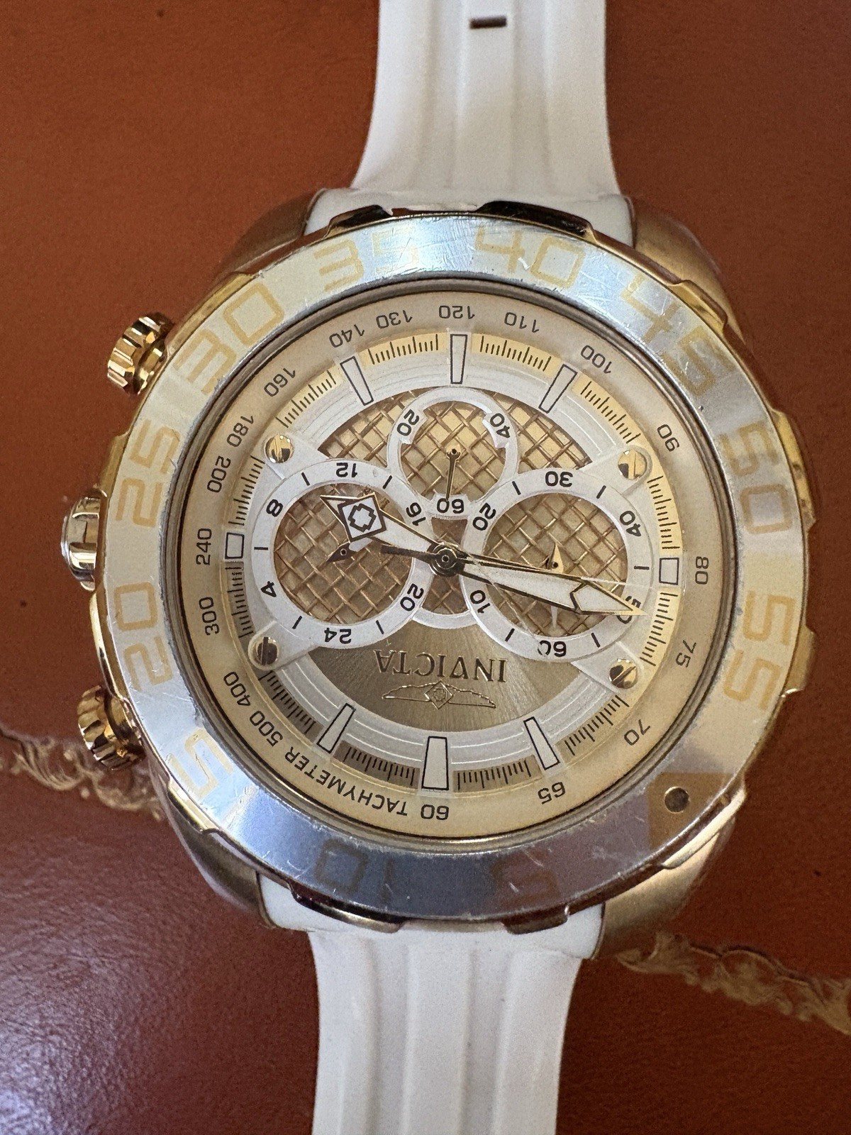 Invicta Speedway Chronograph Gold Tone Scuba Watch 50mm case luminous hour marks