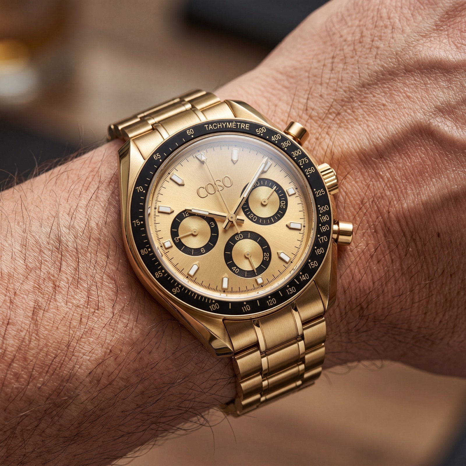 COSO Torvex Chronograph Mens Watch Gold Champagne Dial Black Bezel