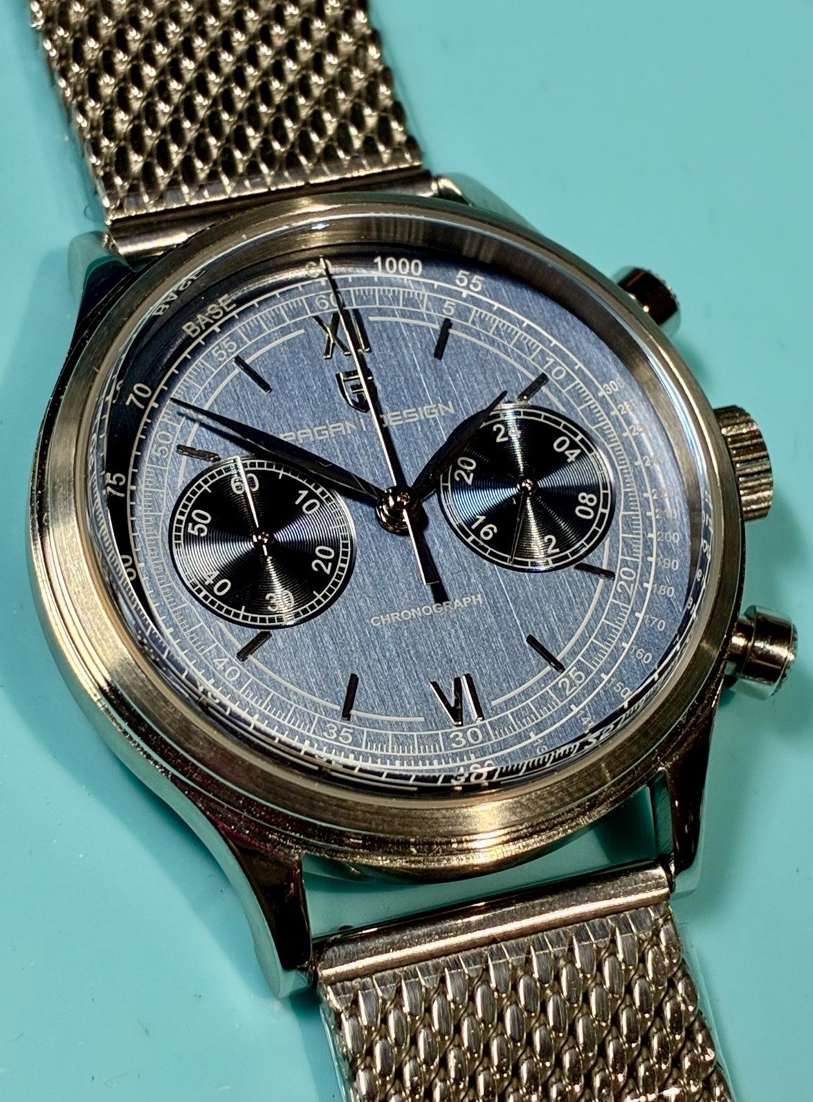 PAGANI DESIGN 40MM CHRONO VINTAGE STYLE BLUE BICOMPAX DIAL SEIKO VK64 QUARTZ