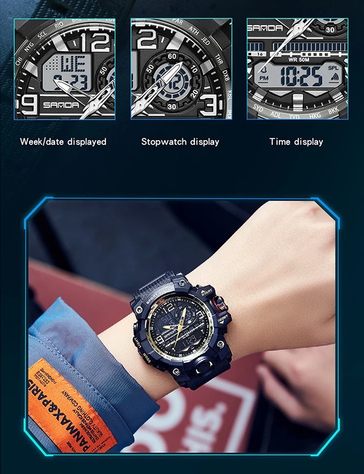 Men’s Sports Outdoor Waterproof Tactical Military Watch Date LED Face Black Gold