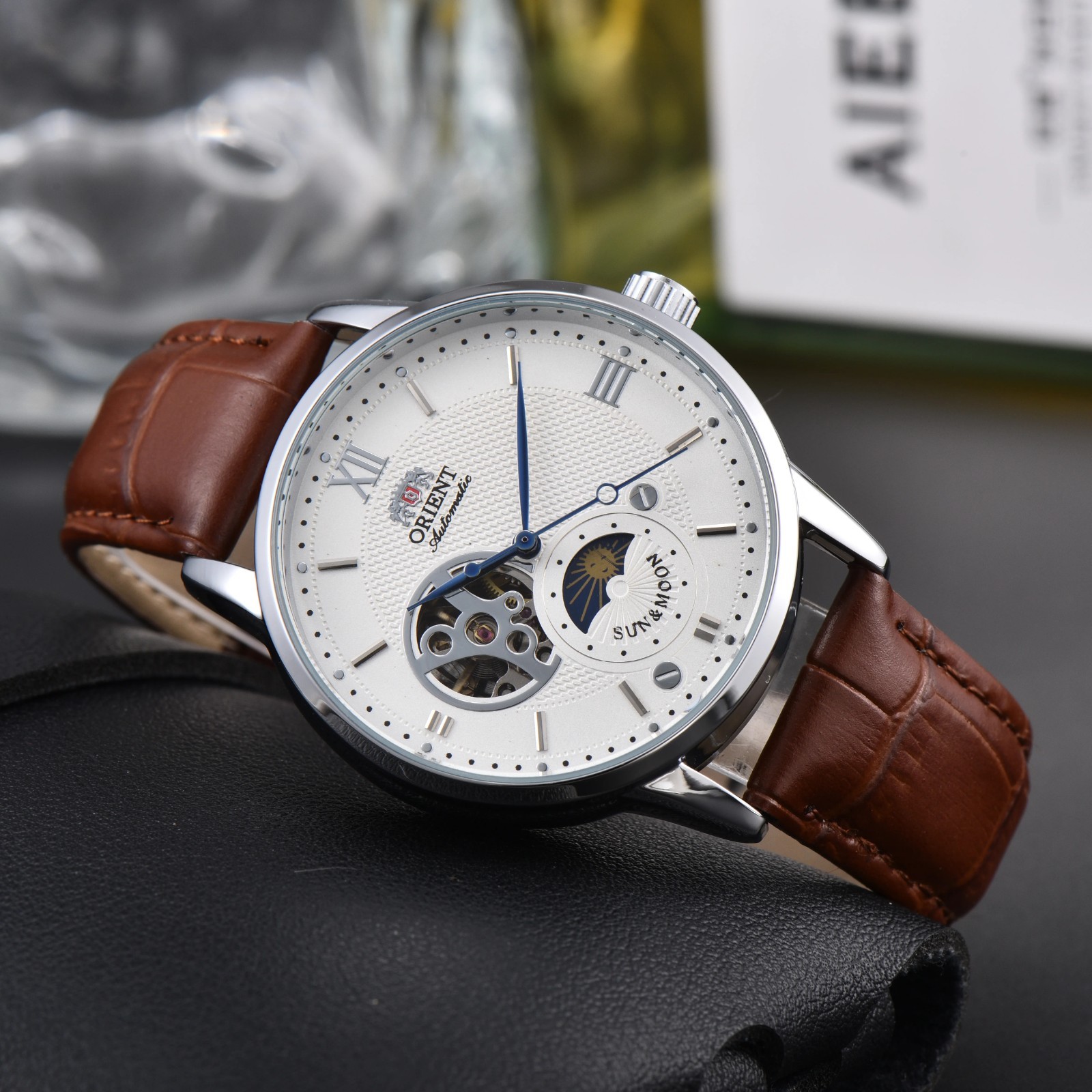 Orient Sun & Moon Semi Skeleton Automatic Men’s Watch Leather Strap Xmas Gift