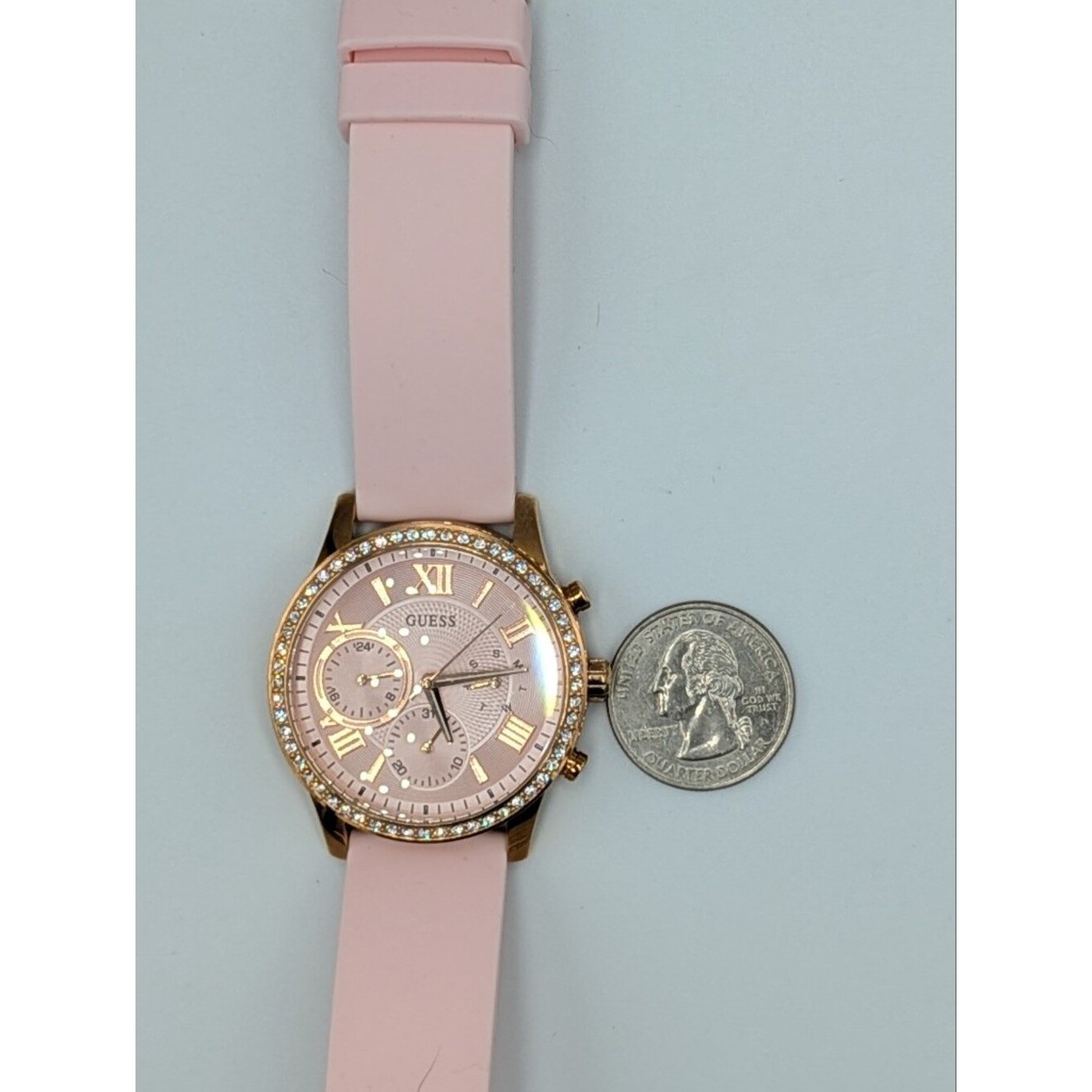 Guess Women’s Watch Solar Rose Gold Pink Dial Rhinestone Bezel U115L32