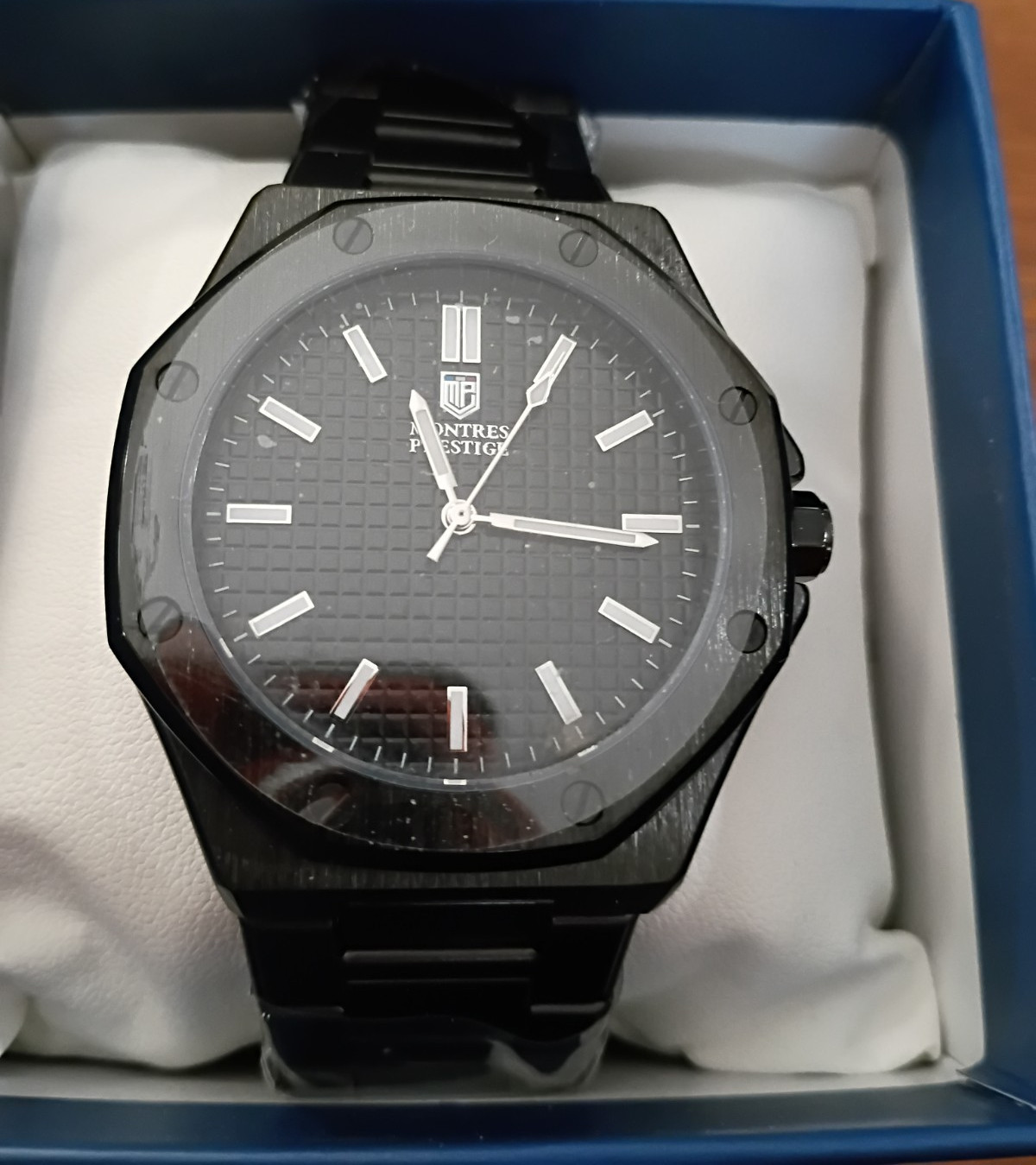 Montres Prestige Men’s Octagon Quartz Black Dial Metal Bracelet Watch w/ Box