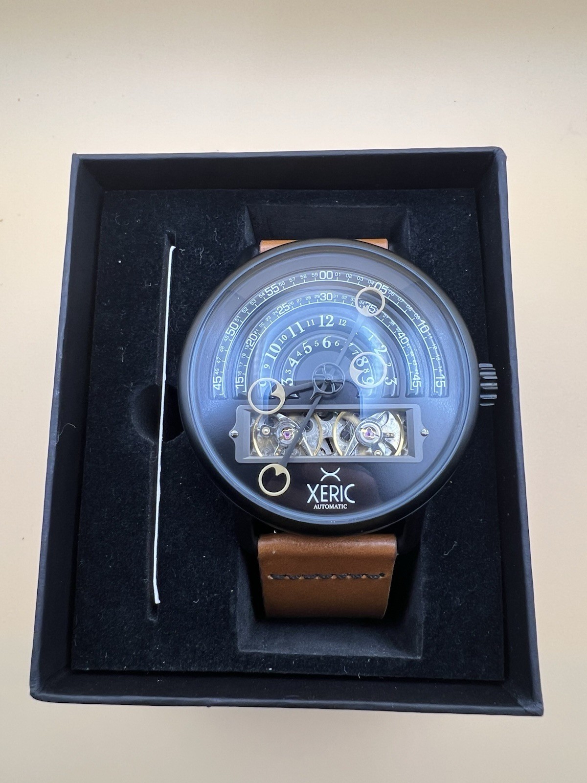 Xeric Halograph Automatic Men’s Watch Black Brown Leather Box Running 46mm
