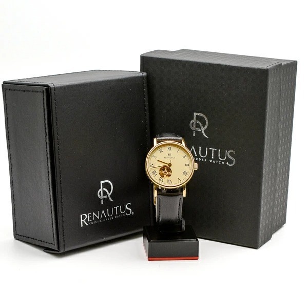 RENAUTUS Automatic Wristwatch Ivory Dial Stainless Steel Black Leather Band