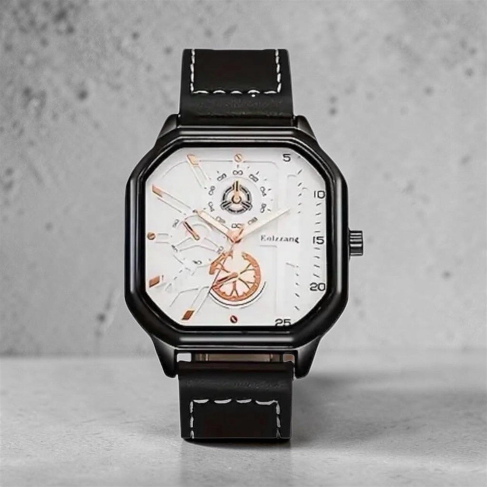 Men’s Square Analog Wristwatch White Dial Black Leather Strap Gift Set Boxed