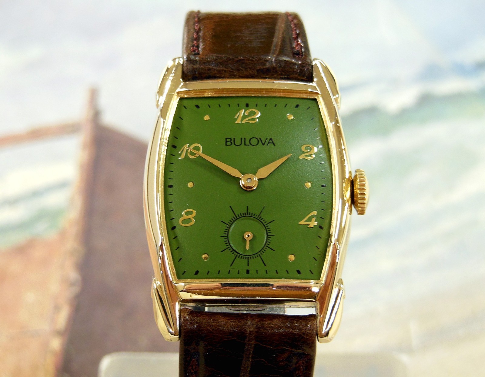 1951 Vintage BULOVA Fancy Case, Stunning GREEN Dial, Serviced & Warranty