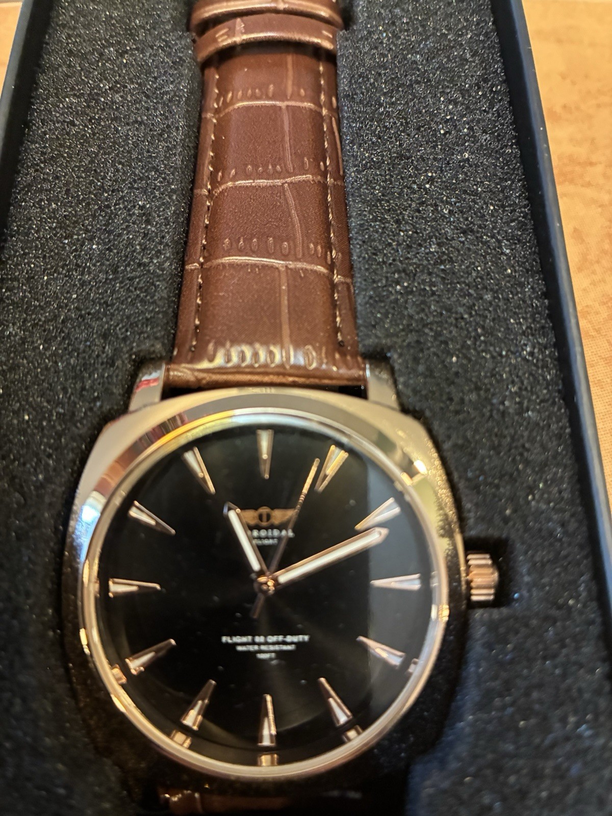 Toroidal Flight Analog Wristwatch Brown Leather Strap Black Dial Gold Case