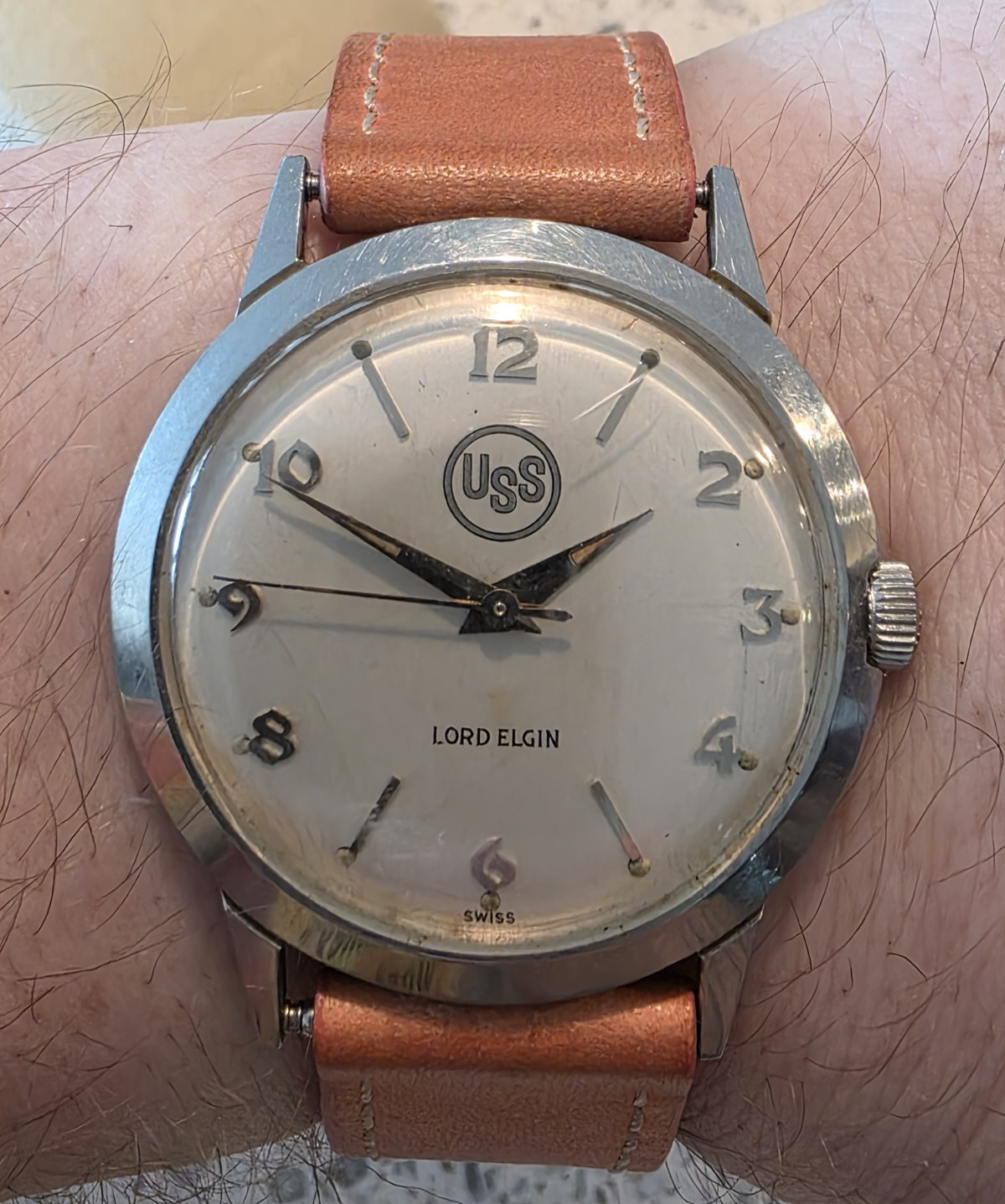 Elgin Lord Elgin Swiss Made Manual Wind 17J Silver Dial Steel Brown Leather 35mm