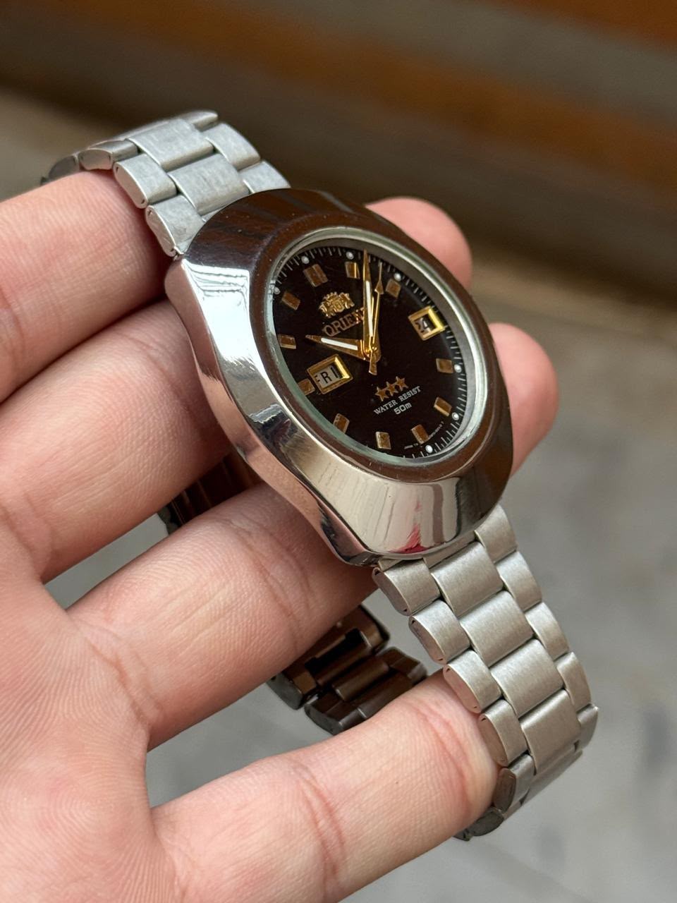 Vintage Orient 3 Star Day Date Black Dial Stainless Steel Men’s Watch