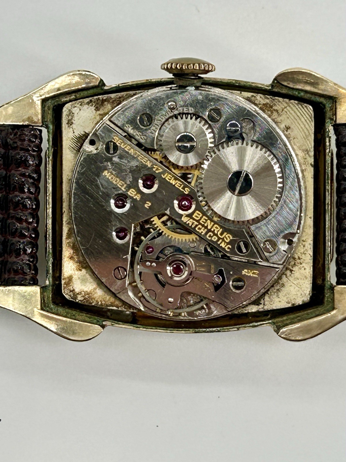 Vintage Benrus 17J Manual Wind 10K Gold Filled Horn Lug Tank Watch 26mm Runs