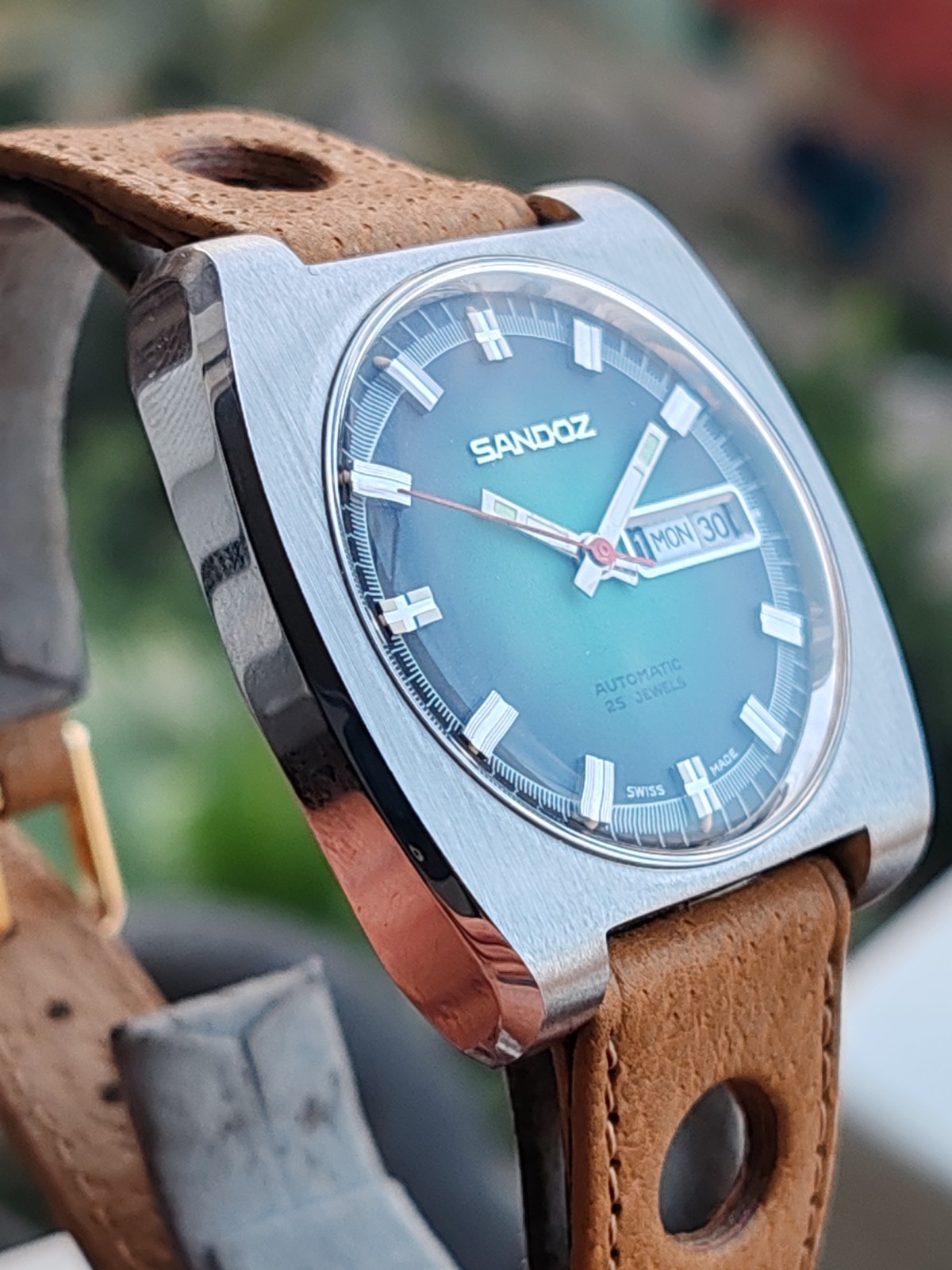 Sandoz Automatic 1746Z-84-8 Teal Gradient Dial Vintage 1970s